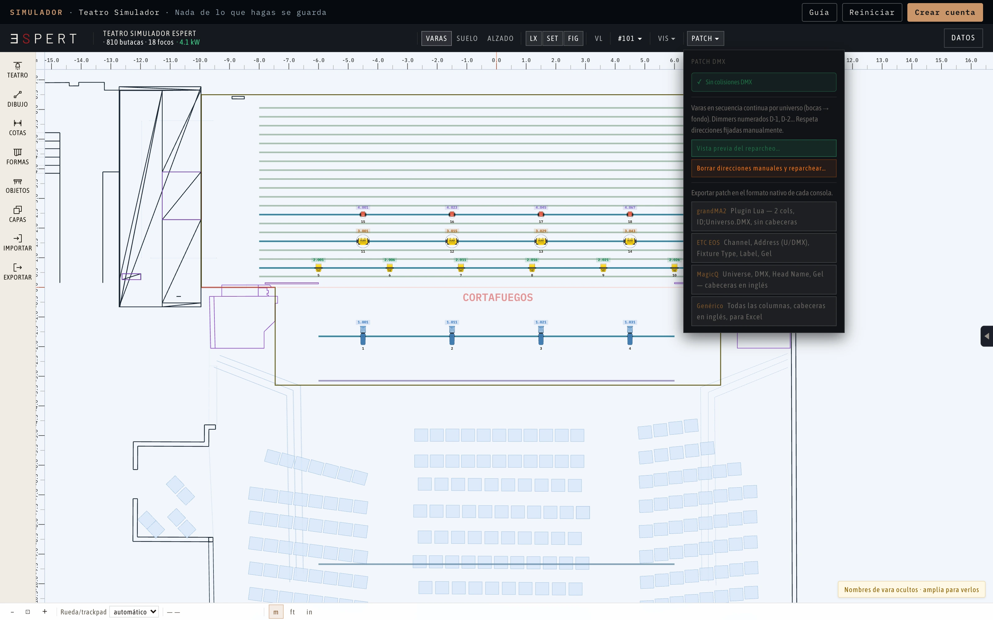 Desplegable de patch DMX del simulador: «Sin colisiones DMX», reparcheo por universo y exportación del patch en el formato nativo de grandMA2, ETC EOS, MagicQ y genérico para Excel.