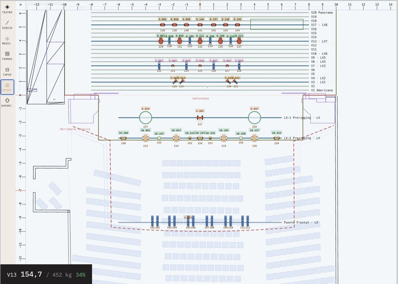 Plano oficial del teatro en ESPERT: varas con focos y sus direcciones DMX, cortafuegos, prerrigging y puente frontal sobre el patio de butacas, con la carga de la vara 13 abajo (154,7 de 452 kg).